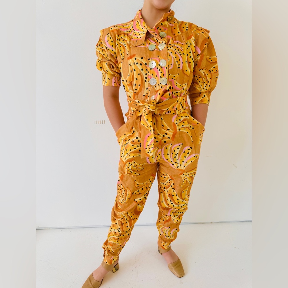 Farm Rio | Brand New w/ Tags | Caramel Raining Bananas Puff Sleeve Jumpsuit, SM